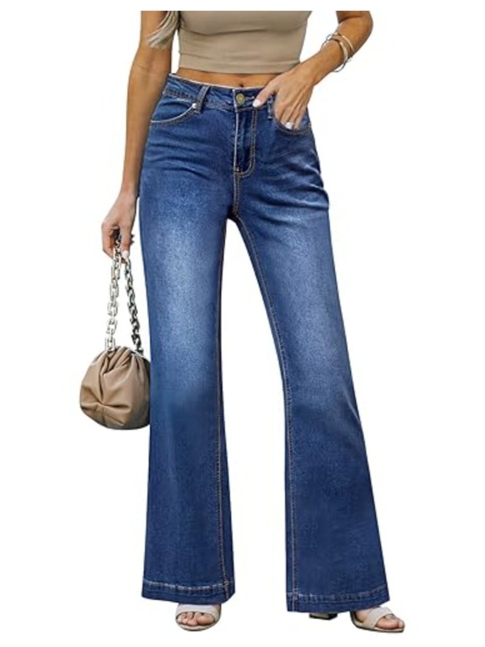 Women's Mid-Rise Flare Jeans Distressed Baggy Wide Leg Stretch Denim Pants